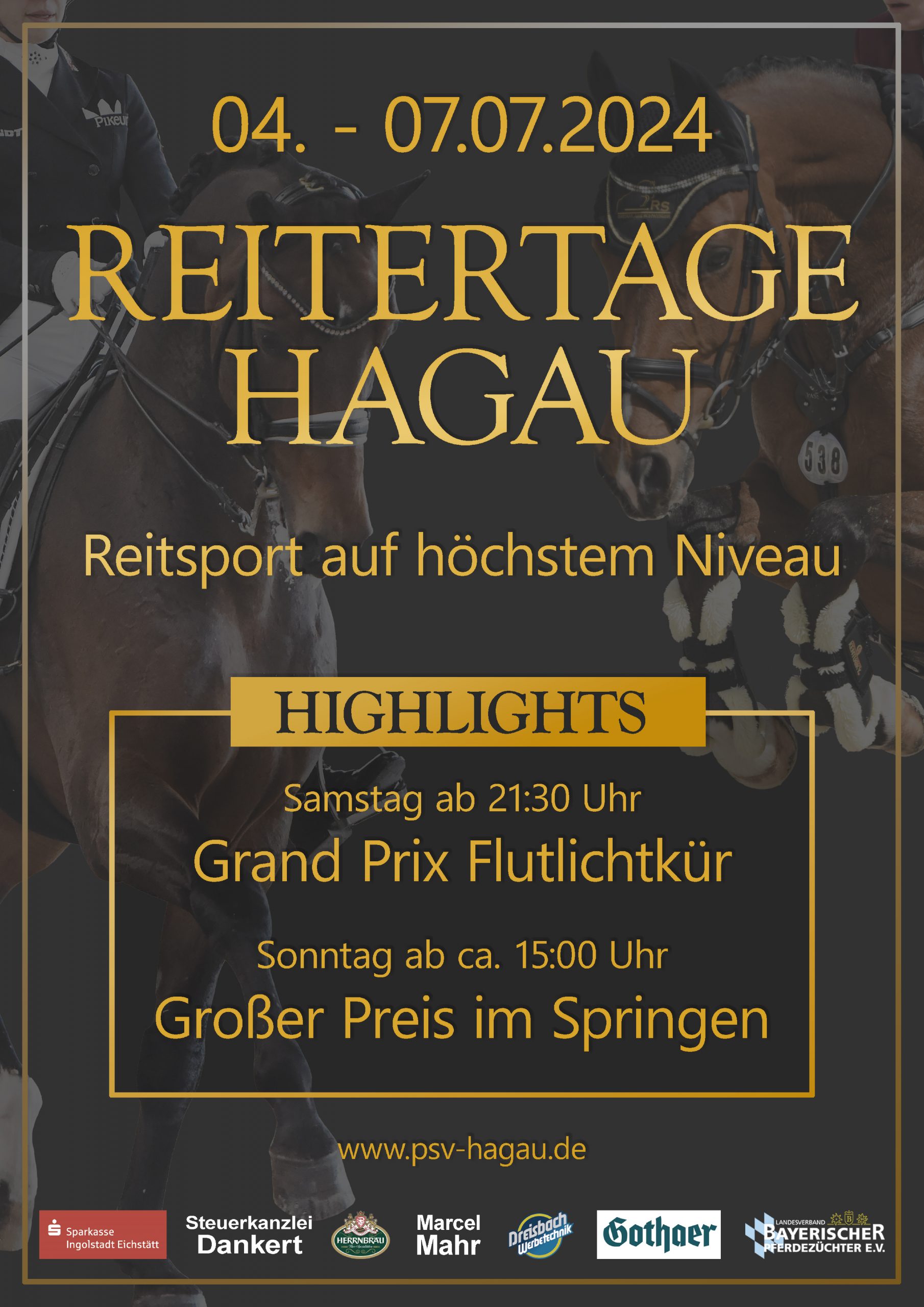 Werbeplakat in schwarz und gold für die Reitertage Hagau vom 4.-7.7. mit Nennung der Highlights und Sponsoren